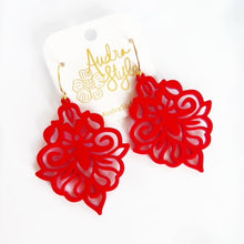 Load image into Gallery viewer, Damask Drop Earring - Red Colorful Bright Spring Summer Statement Earring