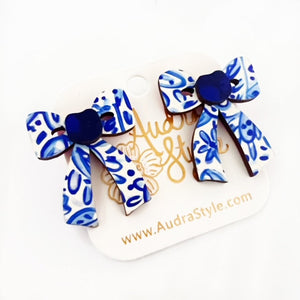 Blue and White Bow Stud Chinoiserie Spring Summer Statement Earring