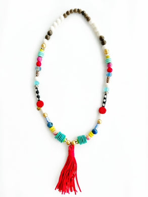 Beaded Red Leather Tassel Necklace