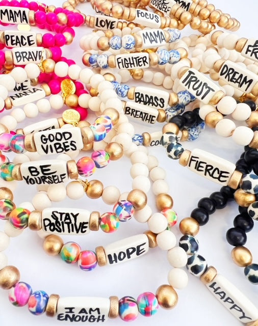 Affirmation Word Beaded Bracelet Inspirational - Off White