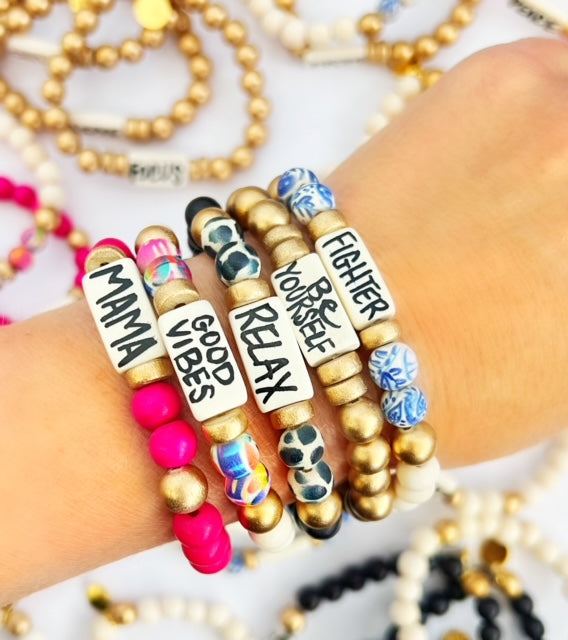 Affirmation Word Beaded Bracelet Inspirational - Off White