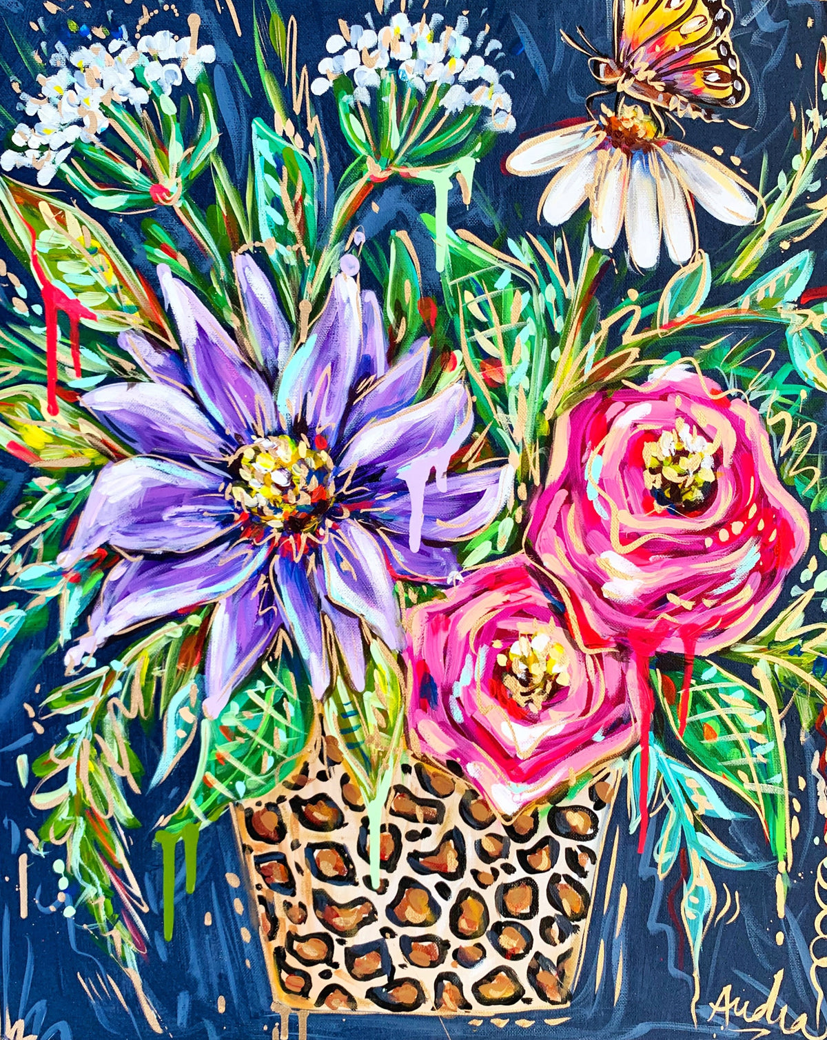 Leopard Floral Vase with Butterfly Art Print on Paper or Canvas - Maxi