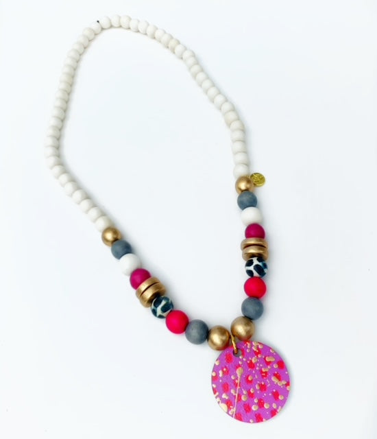 Audra Style™️ Pink Red Dot Pendant Beaded Necklace