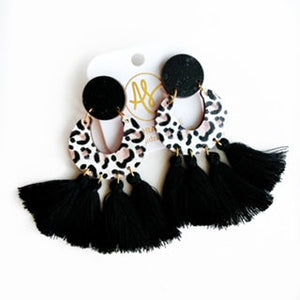 Marjorie - Taupe Leopard Black Fringe-Dangle Earring