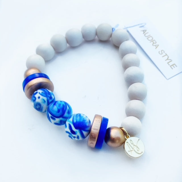 Audra Style™ Blue White Bead Gold Blue Disk Stacking Bracelet