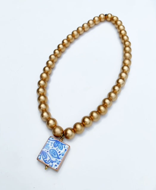 Gold Beaded Necklace -Blue and White Pendant - Stretchy