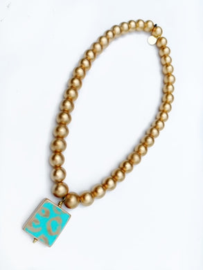 Gold Beaded Necklace - Turquoise Caramel Leopard Pendant - Stretchy
