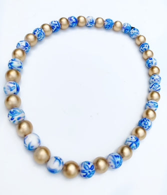 Gold and Blue and White Beaded Necklace - Stretchy