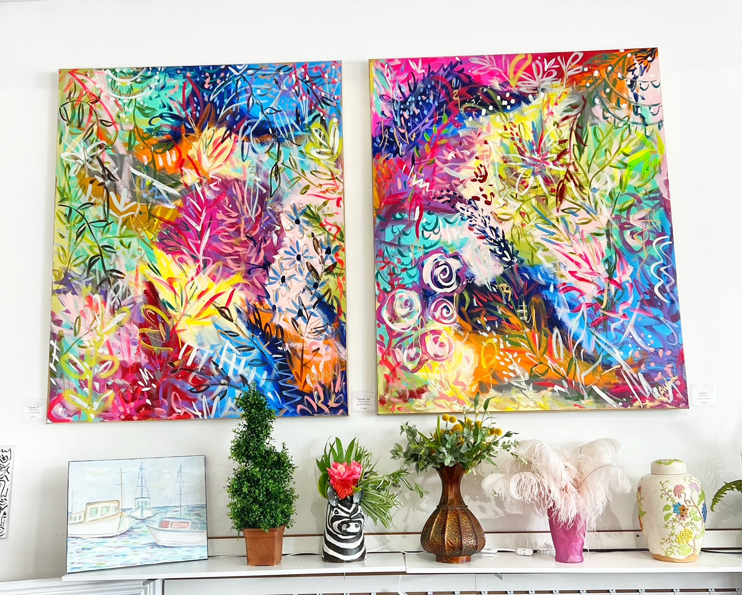 "Garden I & II" 4’x5’ Each 8'x5' Set Diptych Abstract on Gallery Wrapped Canvas