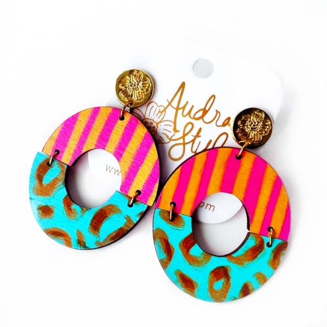 Amanda - Mustard Fuchsia Turquoise Caramel Leopard-Dangle Earring