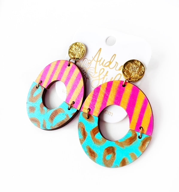 Amanda - Mustard Fuchsia Turquoise Caramel Leopard-Dangle Earring