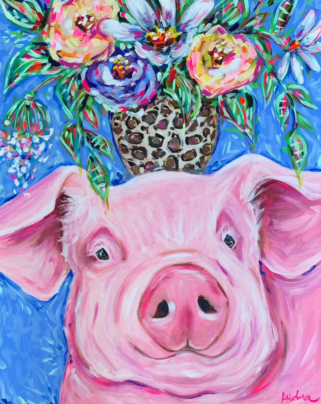 Pig with Leopard Bouquet Print