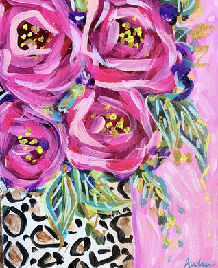 Roses in Leopard Vase Pink Background Canvas