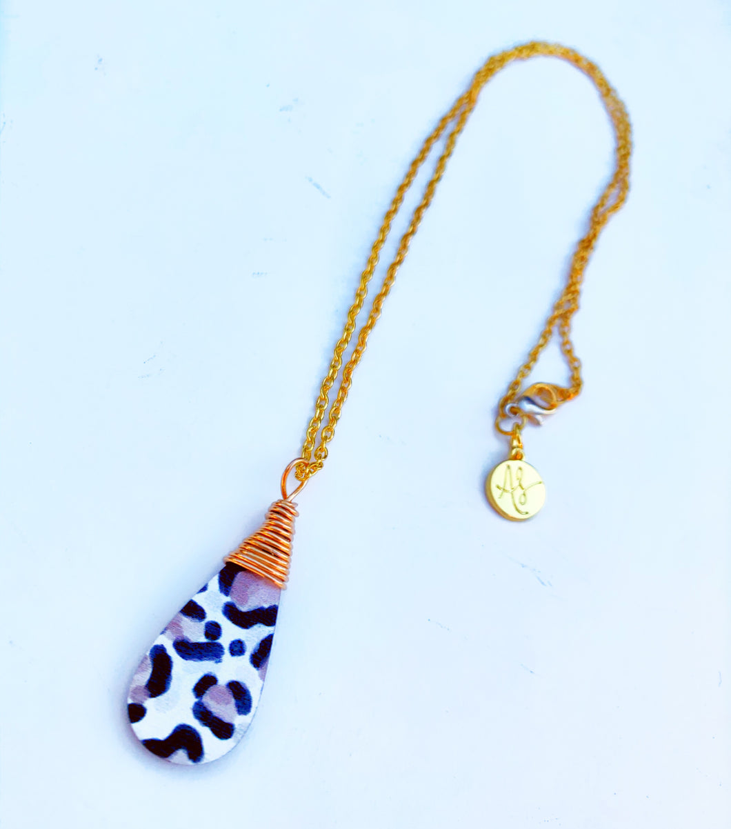 Audra Style™️ Taupe Leopard Wire Wrap Drop Pendant Chain Necklace