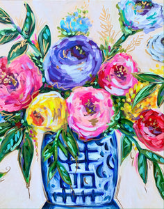 Blue White Vase with Floral Bouquet Canvas