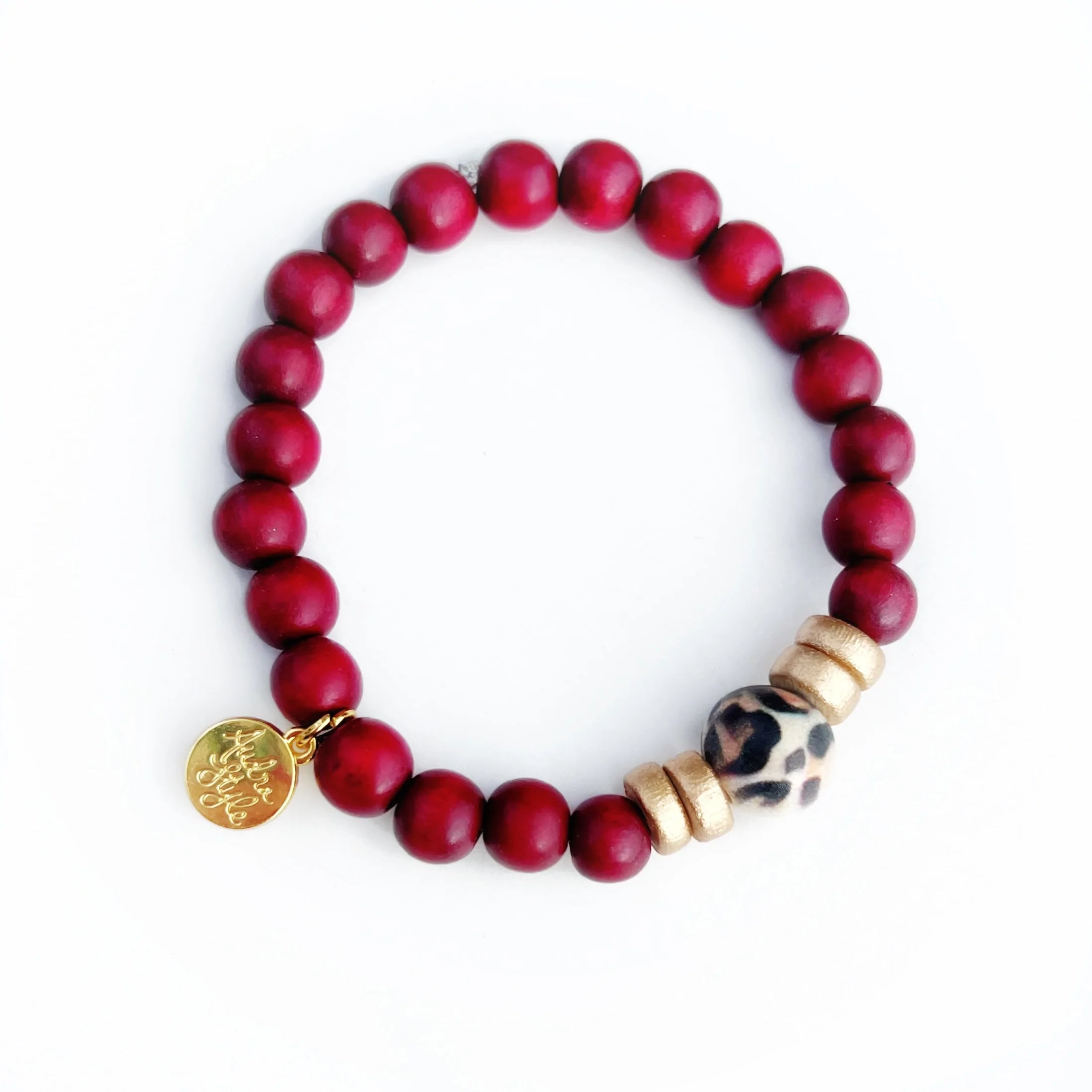 Skinny Red Brown Stacking Bracelet Leopard Bead