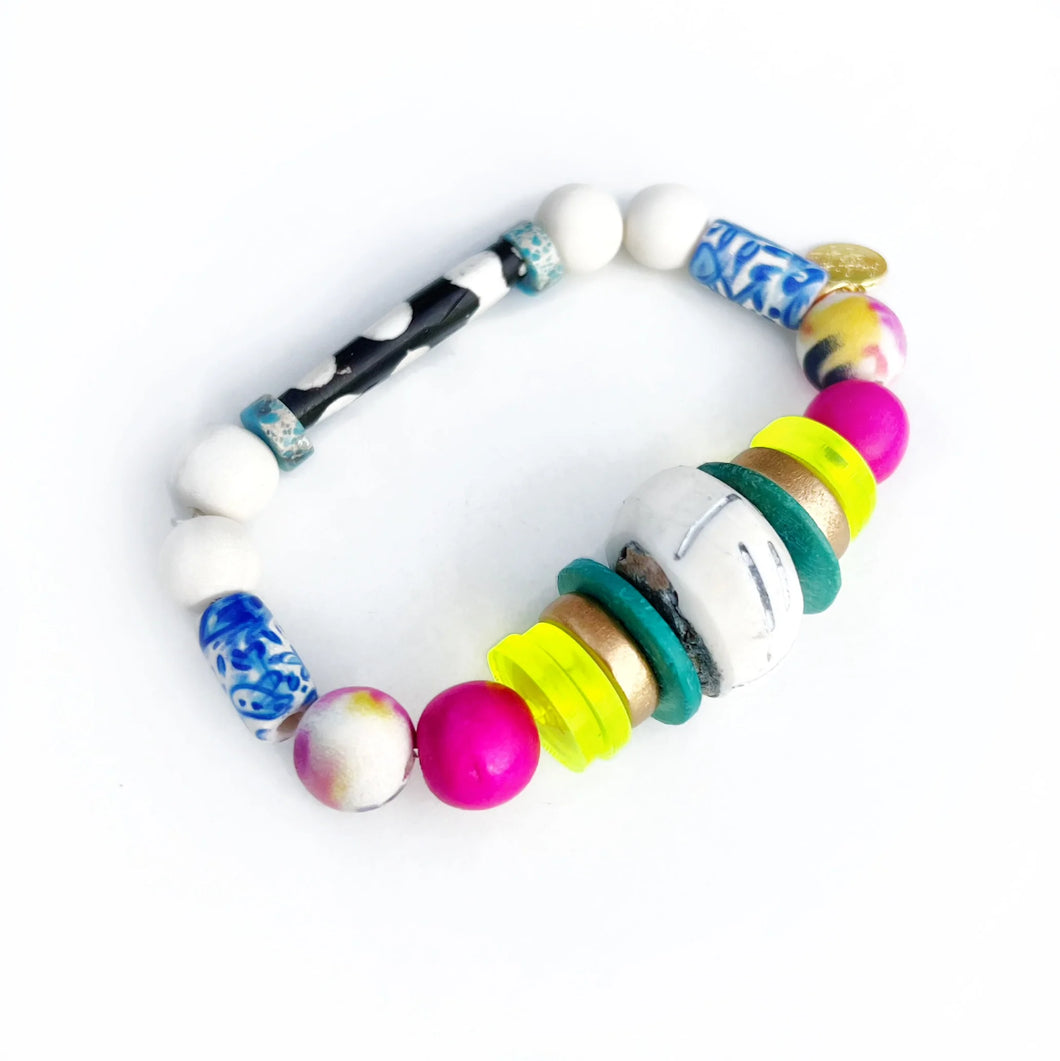 Limited Edition Stacking Bracelet - White Bone Focal Neon Yellow Disk