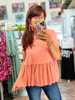 Solid Round Neck Tiered Top in Peach