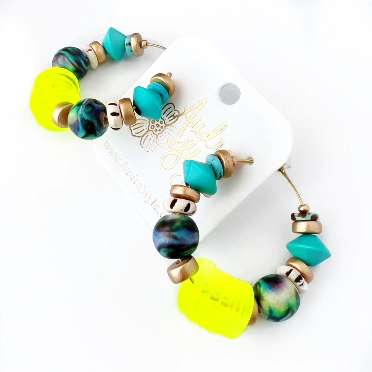 Beaded Hoop Earring - Neon Yellow and Abalone