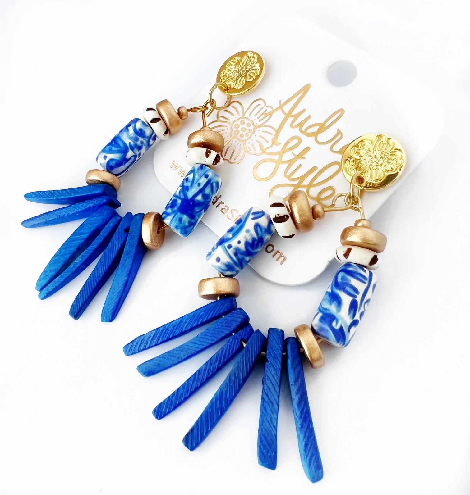 Beaded Spike Teardrop Earring - Blue and White Cobalt Spike