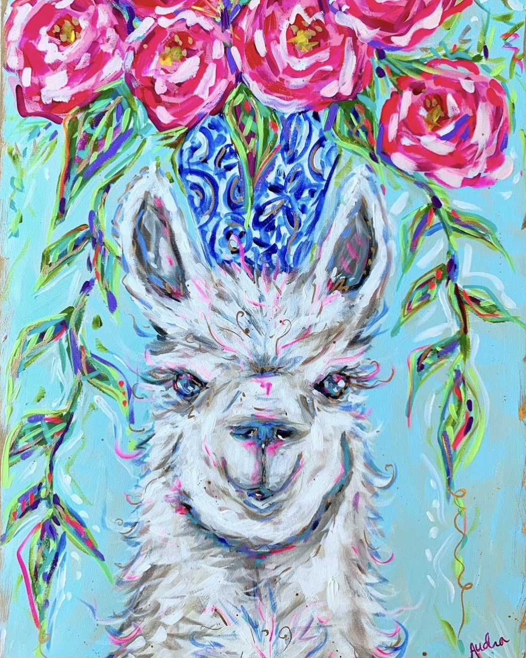 Llama and Bouquet Canvas