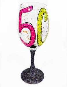 50th Birthday Pink and Lime Green Glitter Stem Wine Glass