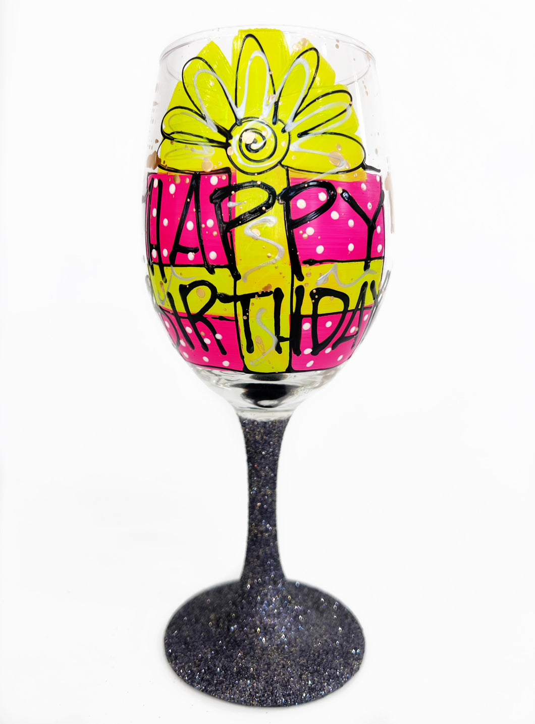 Happy Birthday Gift Glitter Stem Wine Glass - Pink and Green