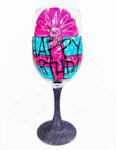 Happy Birthday Gift Glitter Stem Wine Glass - Pink and Turquoise