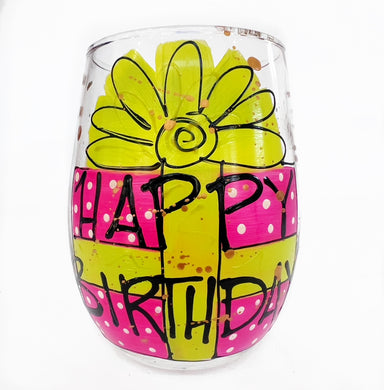 Birthday Gift Stemless Wine Glass - Pink and Lime Green