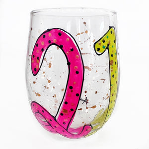 21st Birthday Stemless Wine Glass - Pink and Lime Green