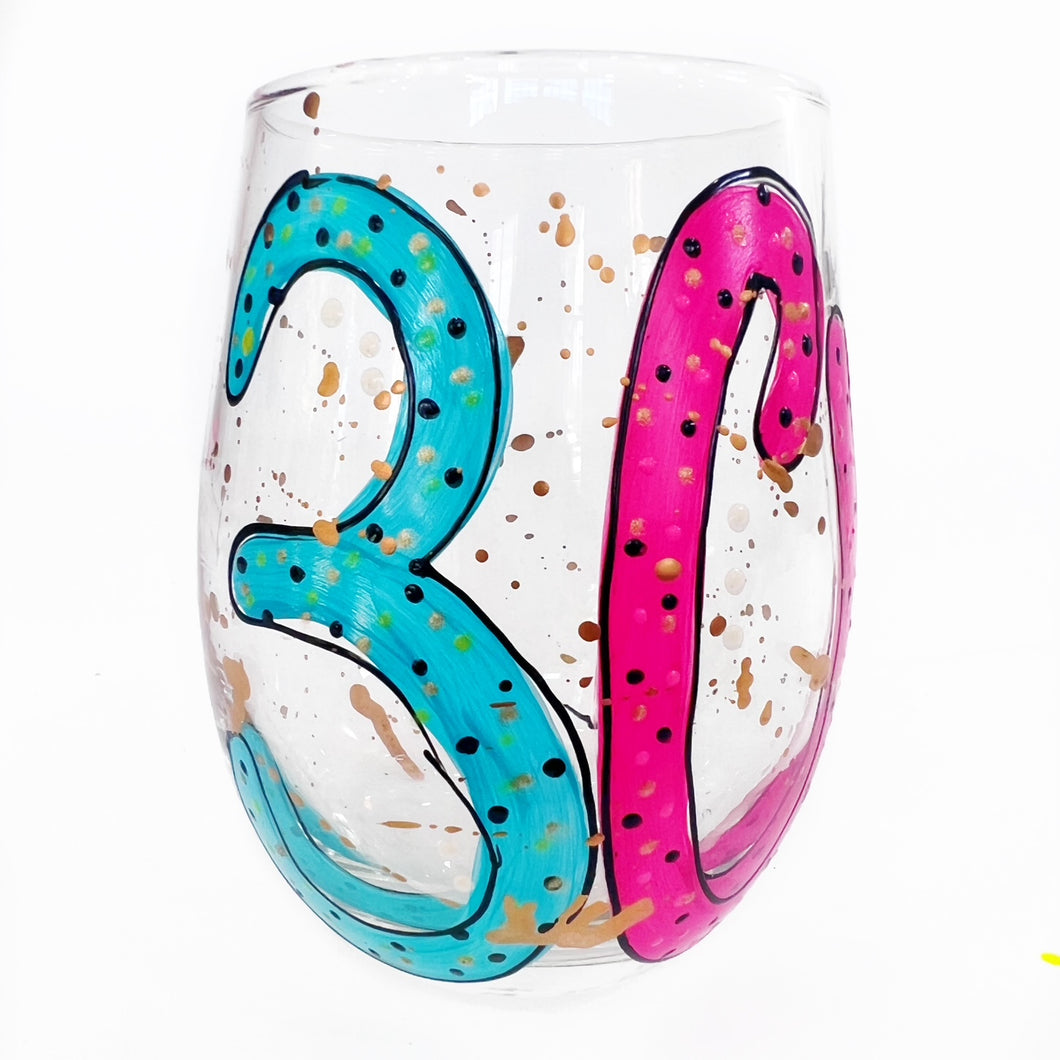 30th Birthday Stemless Wine Glass - Turquoise and Pink