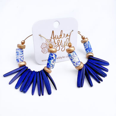 Beaded Hoop Earring - Blue and White and Navy Coconut Spike