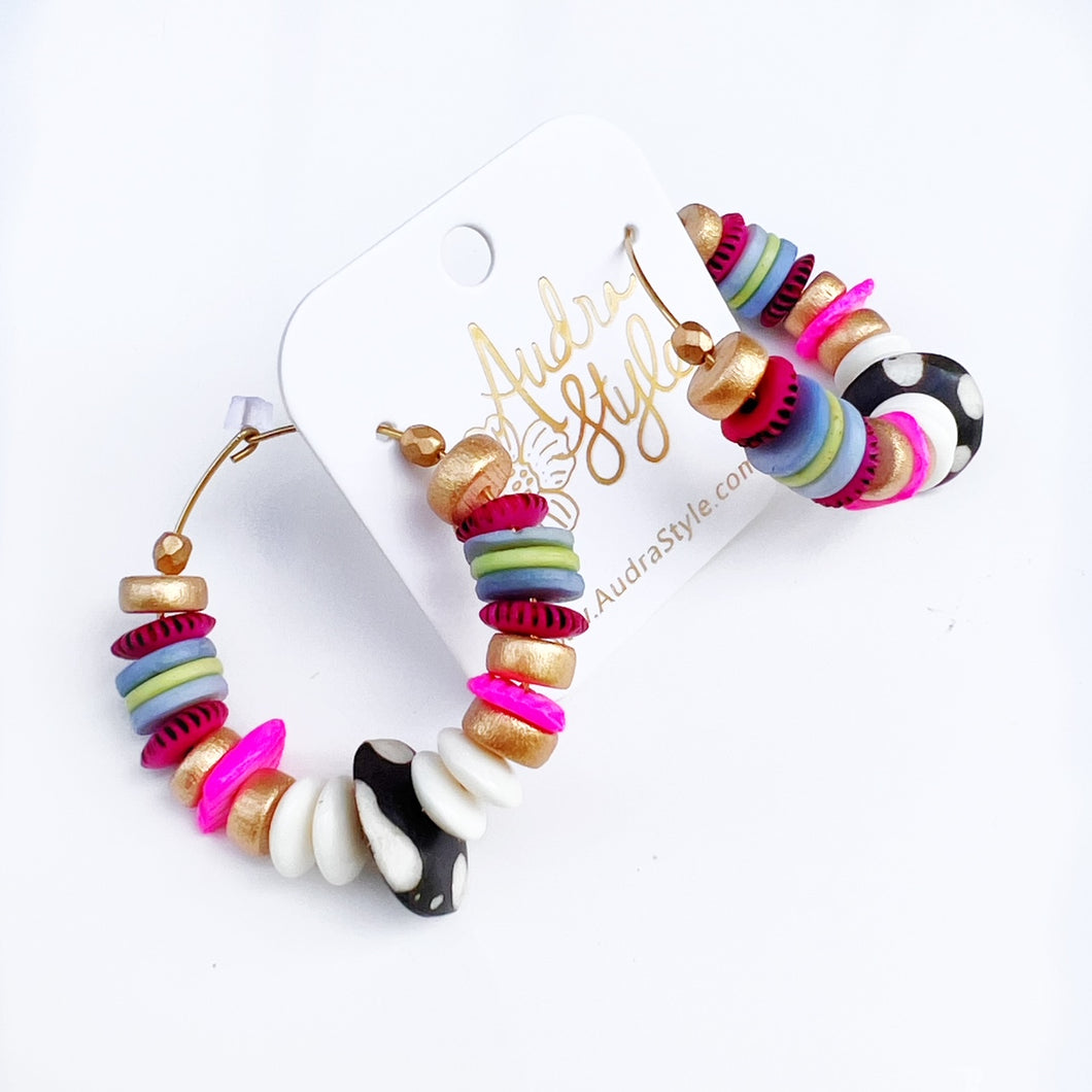 Beaded Hoop Earring - Pink, Blue and Black and White