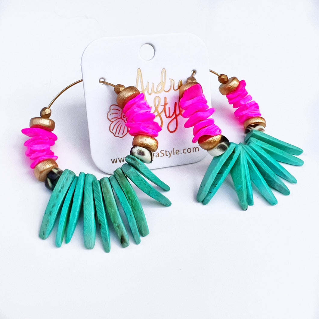 Beaded Hoop Earring - Hot Pink Shell Turquoise Coconut Spike