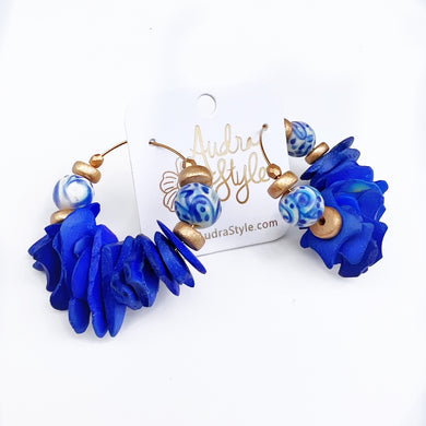 Beaded Hoop Earring - Blue and White and Cobalt Coconut Chips