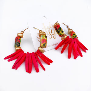 Beaded Hoop Earring - French Wallpaper and Red Coconut Spike