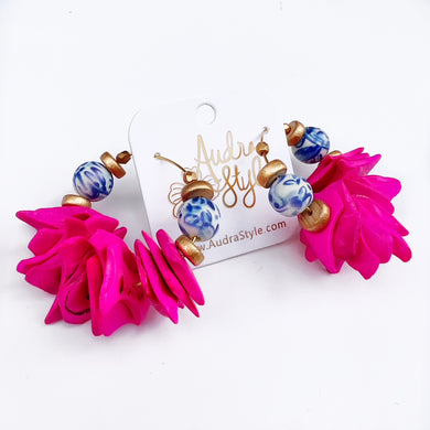 Beaded Hoop Earring - Blue and White and Hot Pink Coconut Chips