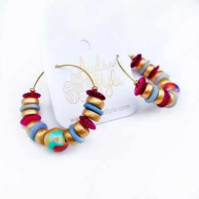 Beaded Hoop Earring - Fall Chevron and Magenta and Blue