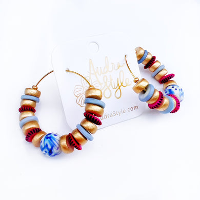 Beaded Hoop Earring - Blue and White© and Pink