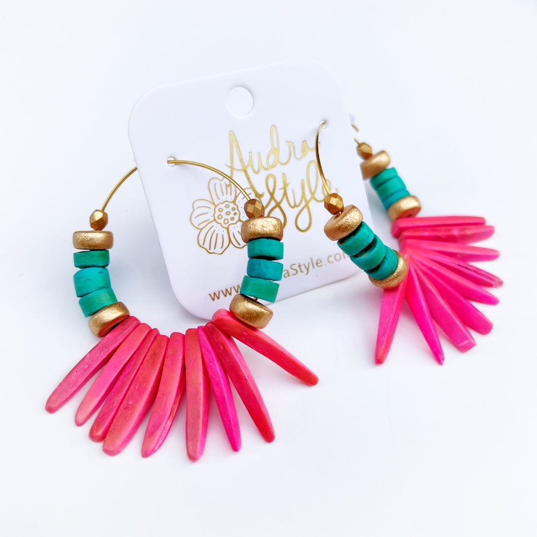 Beaded Hoop Earring - Turquoise and Hot Pink Coconut Spike