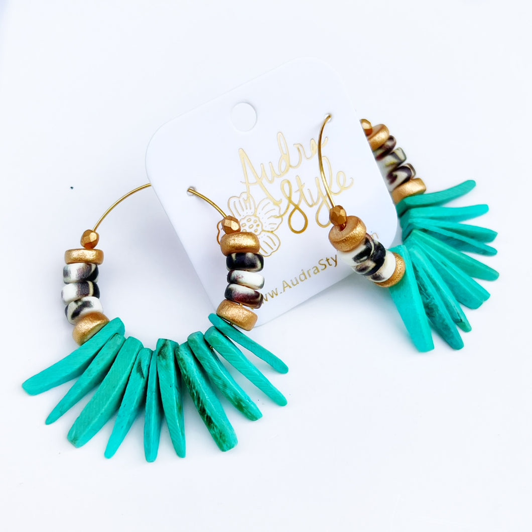 Beaded Hoop Earring - Black and White and Turquoise Coconut Spike