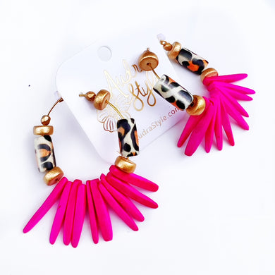Beaded Hoop Earring - Leopard and Hot Pink Coconut Spike