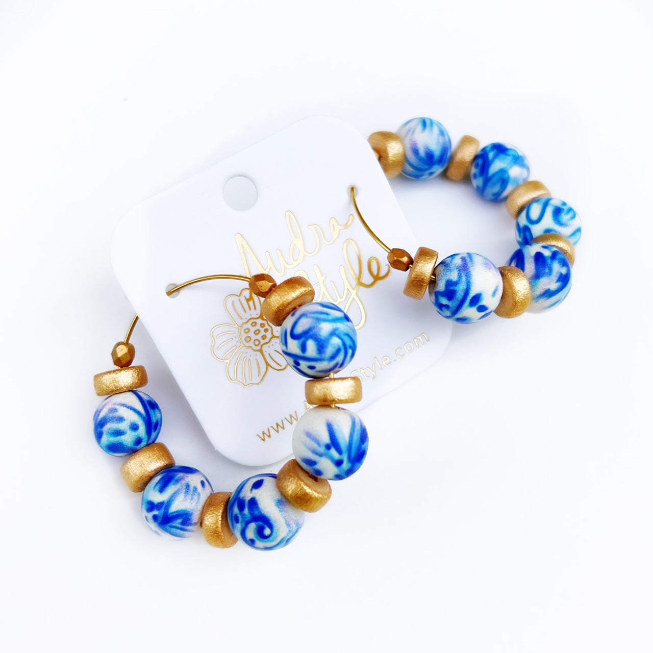 Beaded Hoop Earring - Blue and White© Print