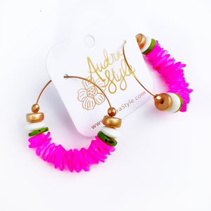 Beaded Hoop Earring - Green and Hot Pink Shell