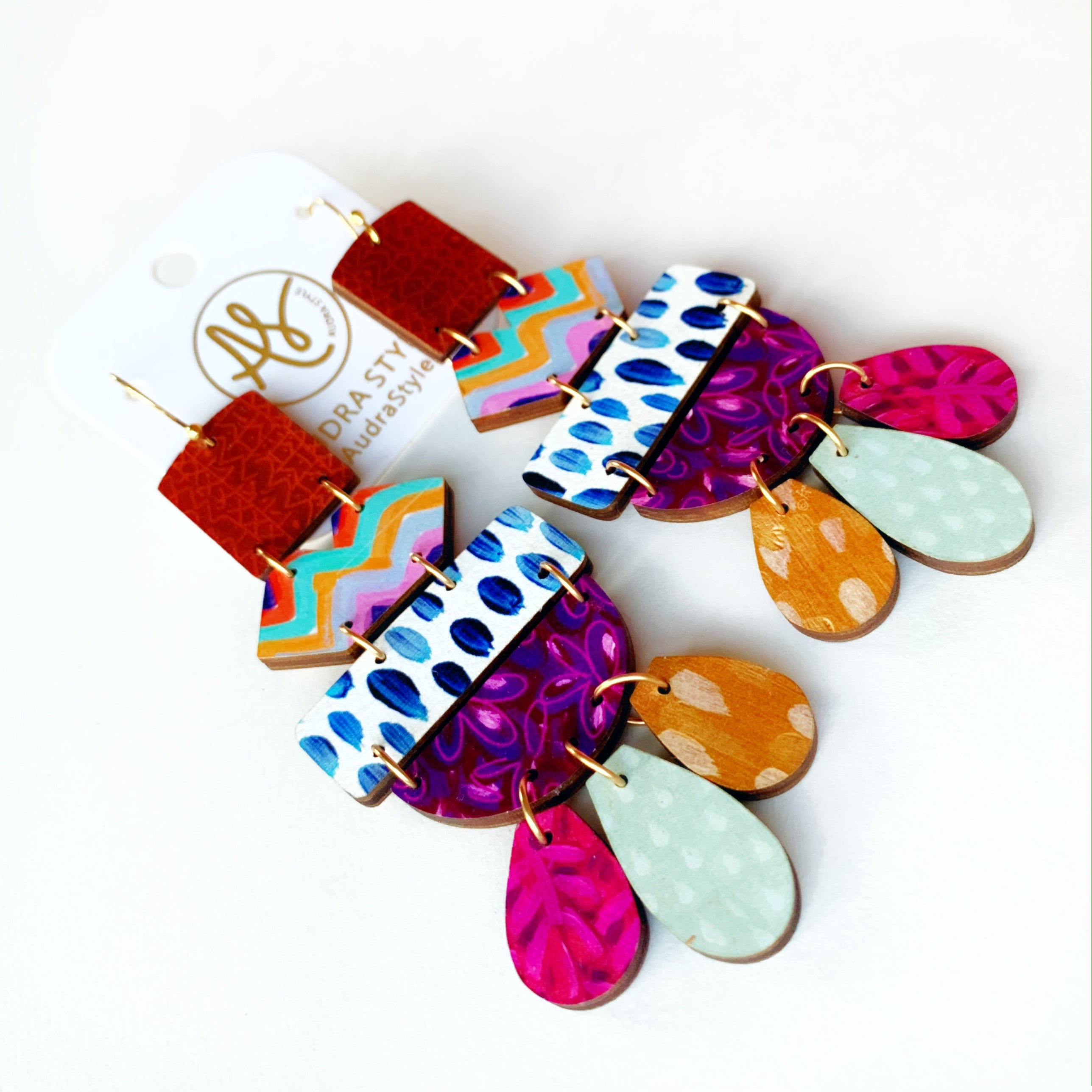 Belle - Chevron Violet Daisy Magenta Twig Long Dangle Earrings