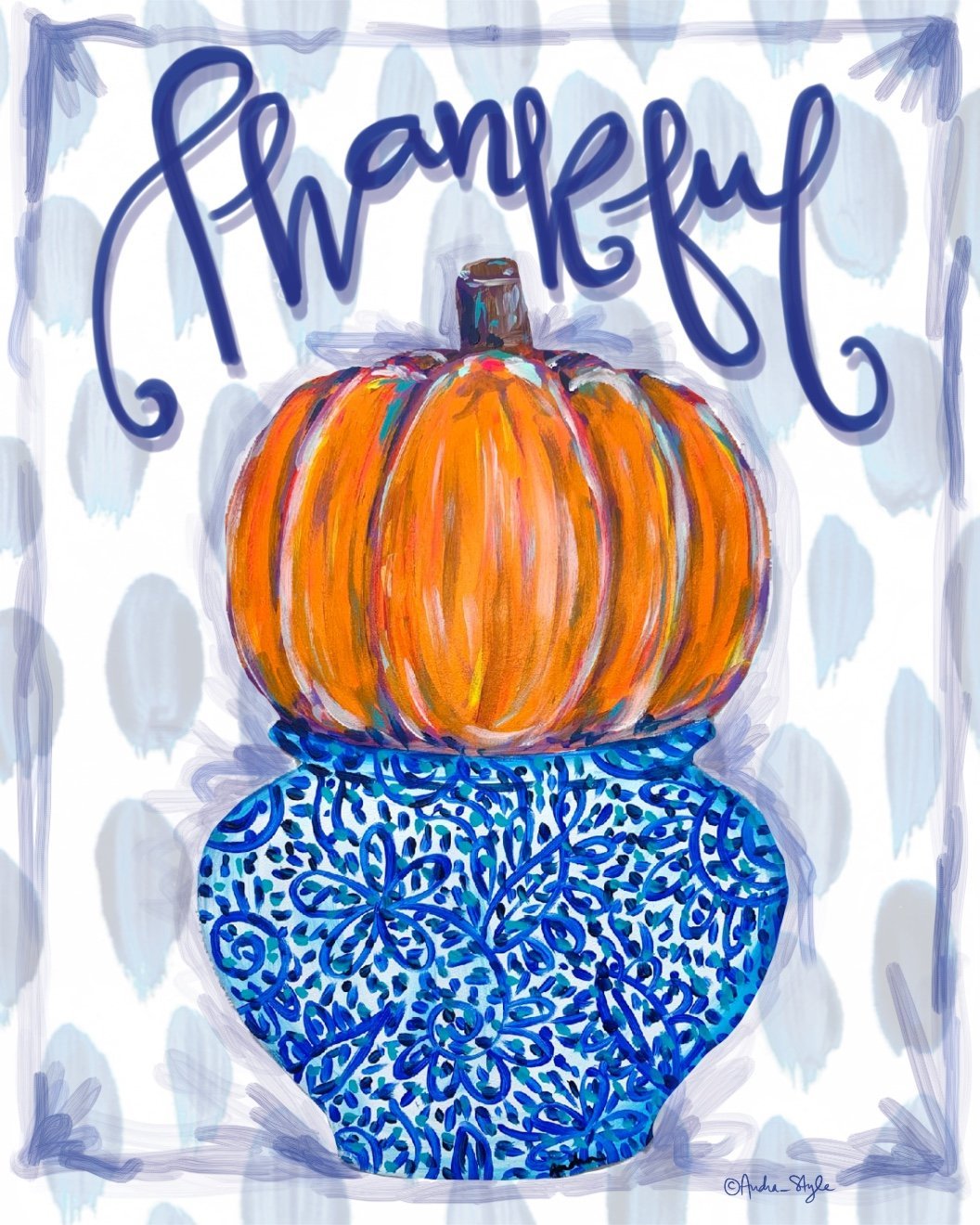 Thankful- Orange and Blue/White Pumpkin Reproduction Print