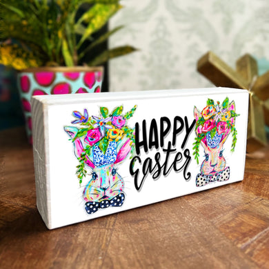 Happy Easter Floral Bunnies - Wood Block