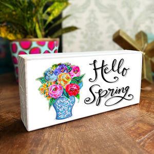 Happy Spring Colorful Bouquet Ginger Jar - Wood Block