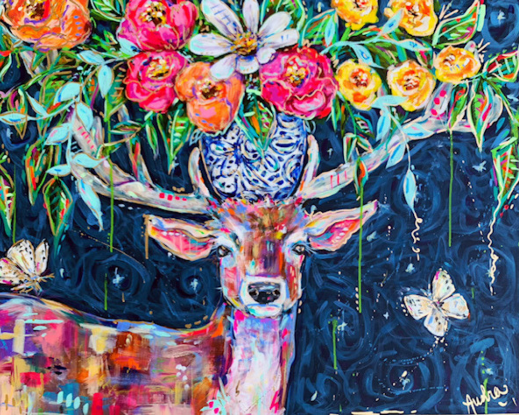 Starry Night Deer and Bouquet Canvas