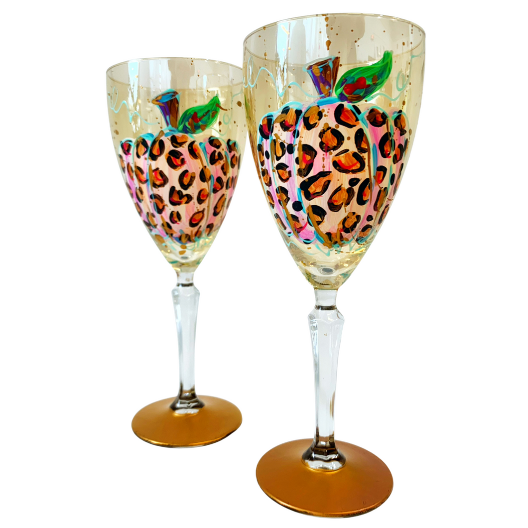 Hand Painted Leopard Pumpkin Iridescent Amber Crystal Wine Glass